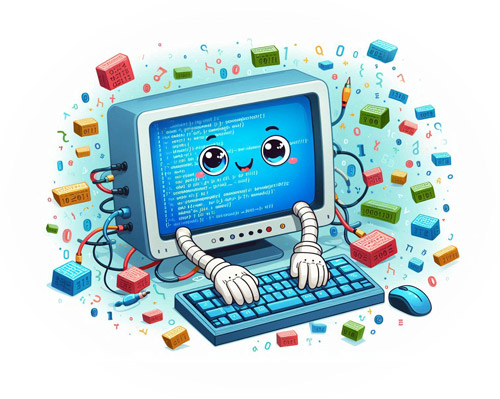 Freundlicher Computer-Bildschirm mit Händen auf der Tastatur, umgeben von bunten Zahlenwürfeln